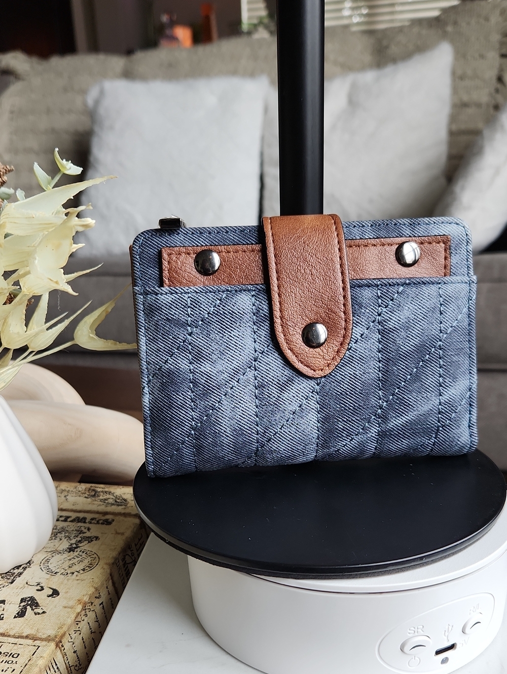 CLUCI Quilted Denim & Vegan Leather Compact Wallet Purse